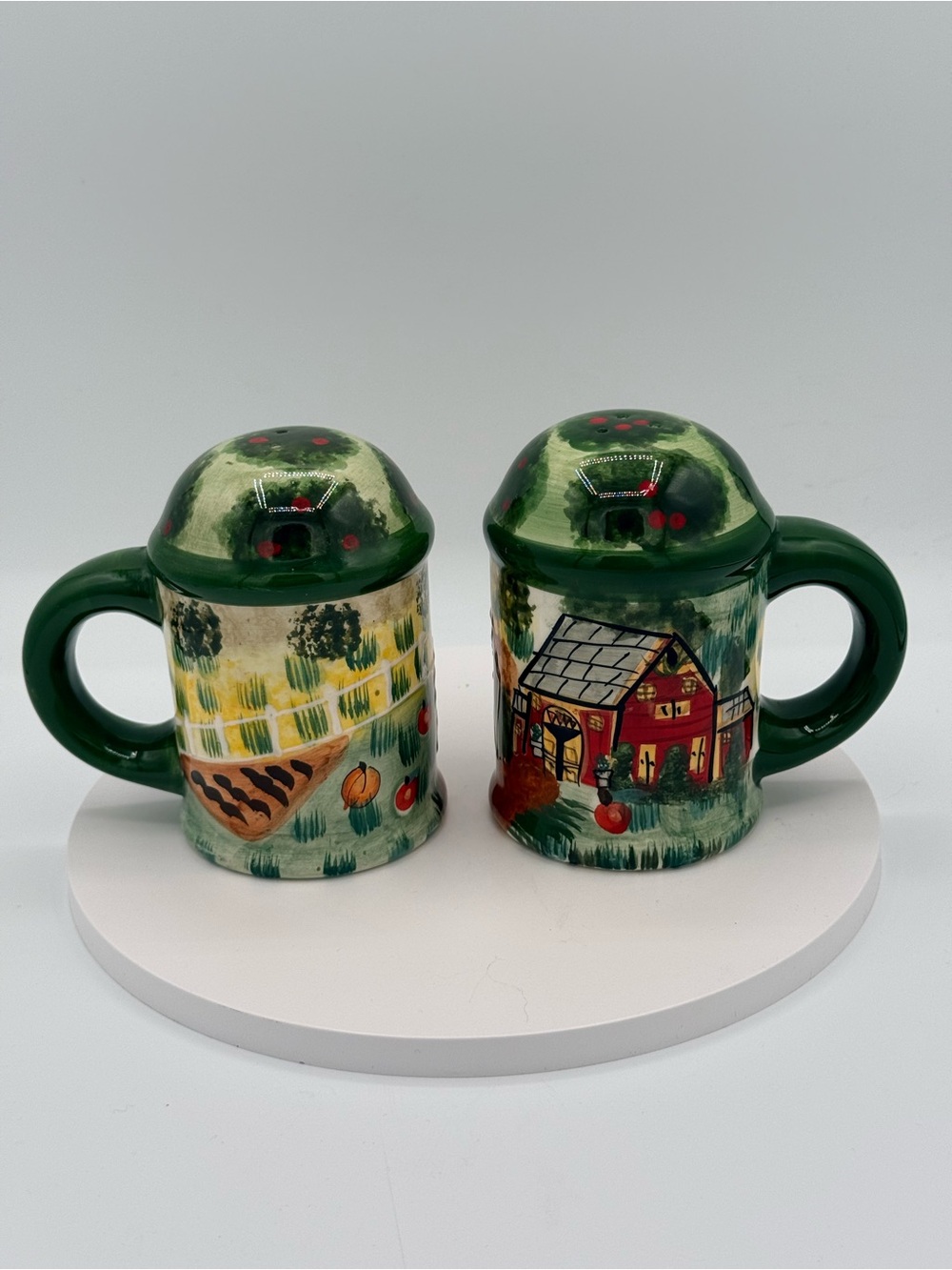 Green Ceramic Salt and Pepper Shakers - Farmhouse Scene